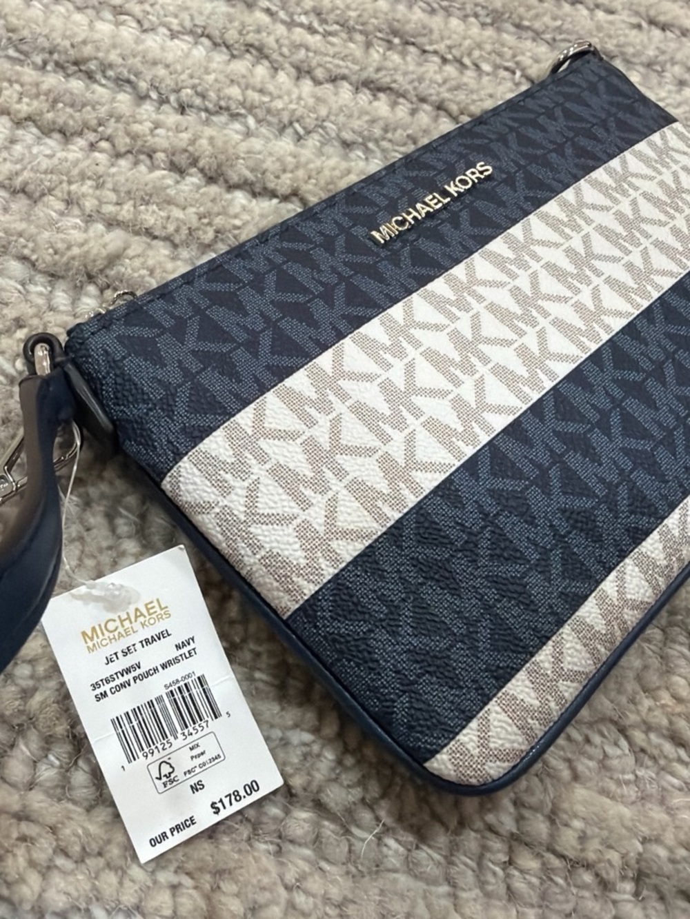 Michael Kors Navy & Beige Signature Stripe Wristlet Pouch